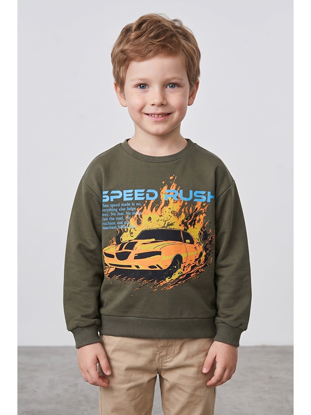 Haki Araba Baskılı Erkek Çocuk Sweatshirt-1