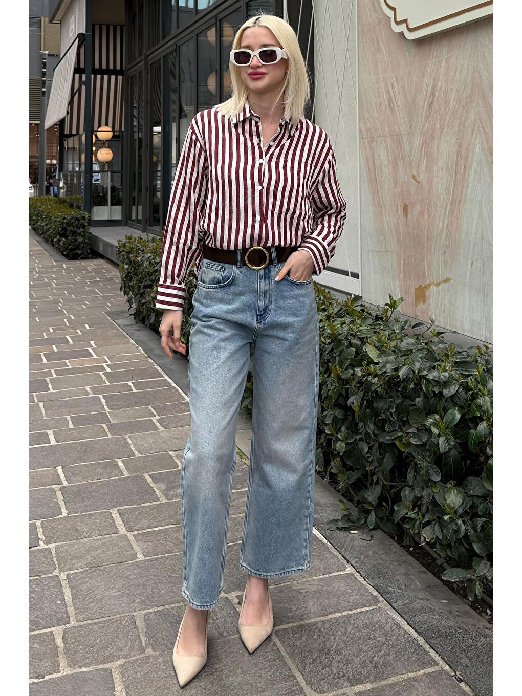 Bordo Cep Detaylı Çizgili Kadın Gömlek Mg2295-2