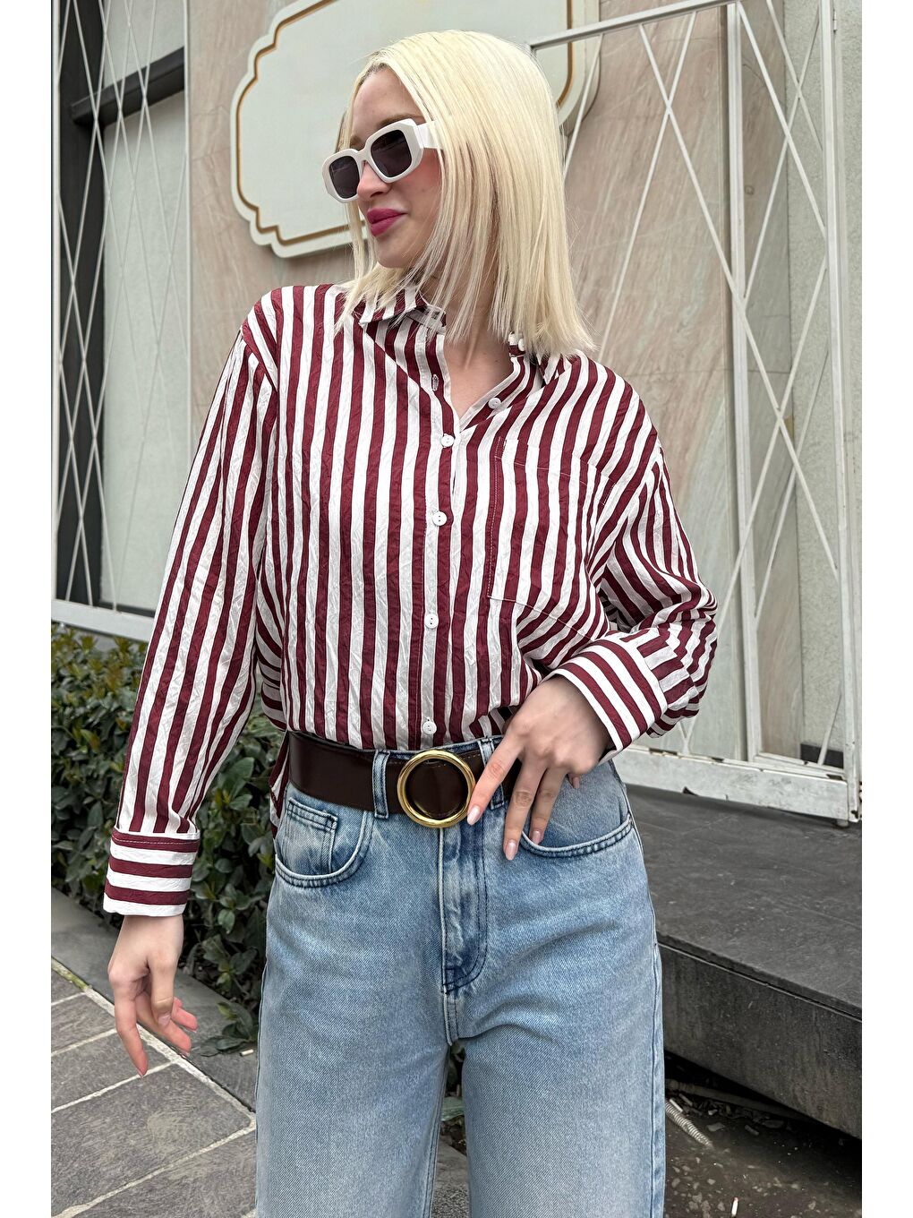 Bordo Cep Detaylı Çizgili Kadın Gömlek Mg2295-3