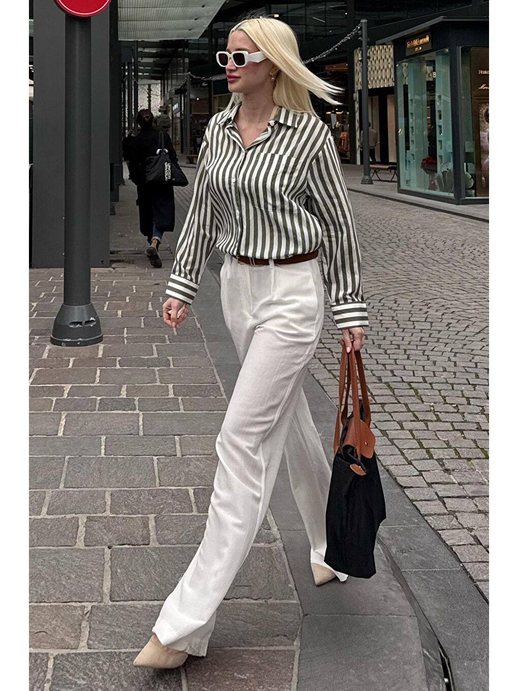 Yeşil Cep Detaylı Çizgili Kadın Gömlek Mg2295-1