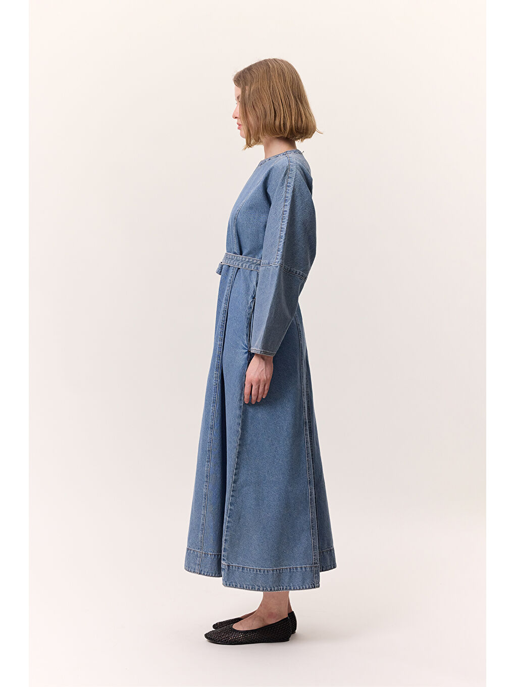 Geniş Kol Kemerli Denım Elbise Mavi-5