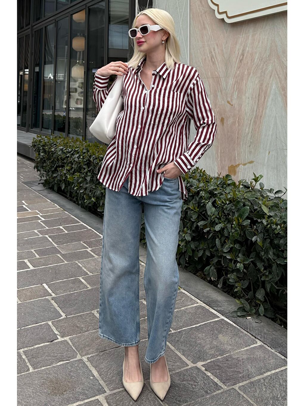 Bordo Cep Detaylı Çizgili Kadın Gömlek Mg2295-4