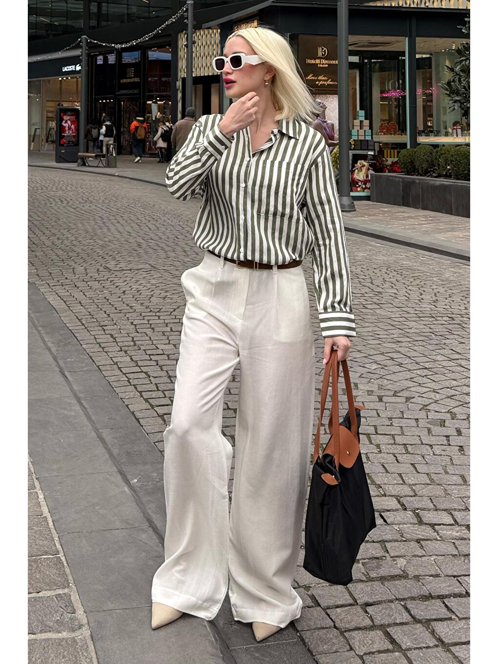 Yeşil Cep Detaylı Çizgili Kadın Gömlek Mg2295-2