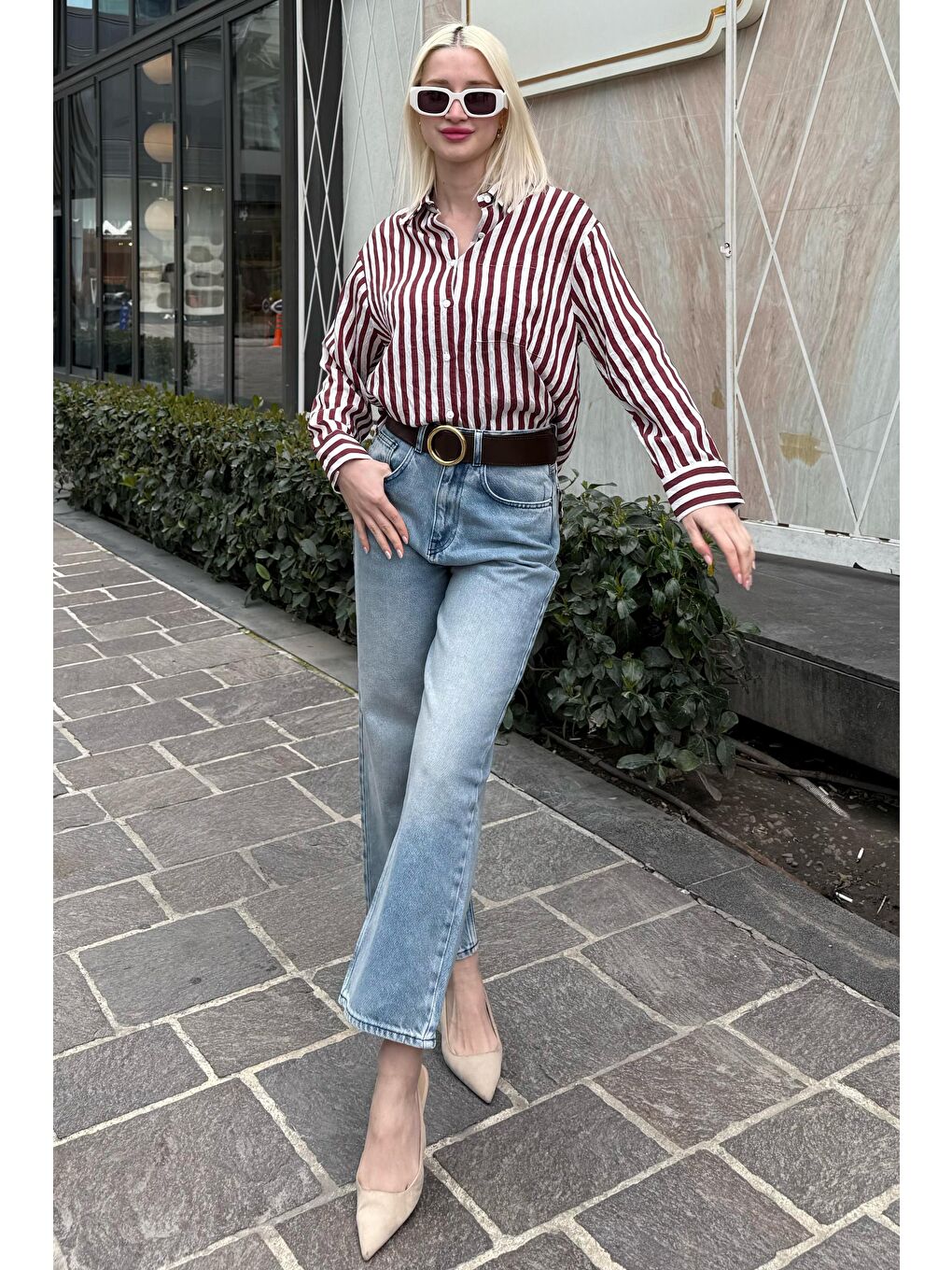 Bordo Cep Detaylı Çizgili Kadın Gömlek Mg2295-5