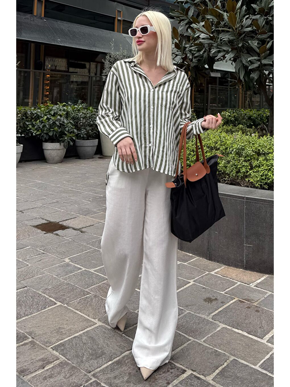 Yeşil Cep Detaylı Çizgili Kadın Gömlek Mg2295-3