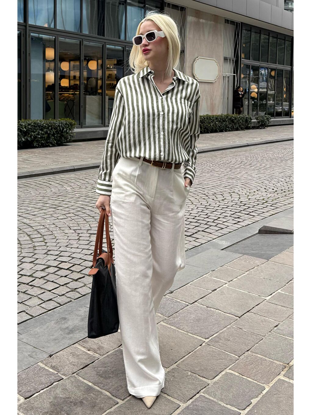 Yeşil Cep Detaylı Çizgili Kadın Gömlek Mg2295-4