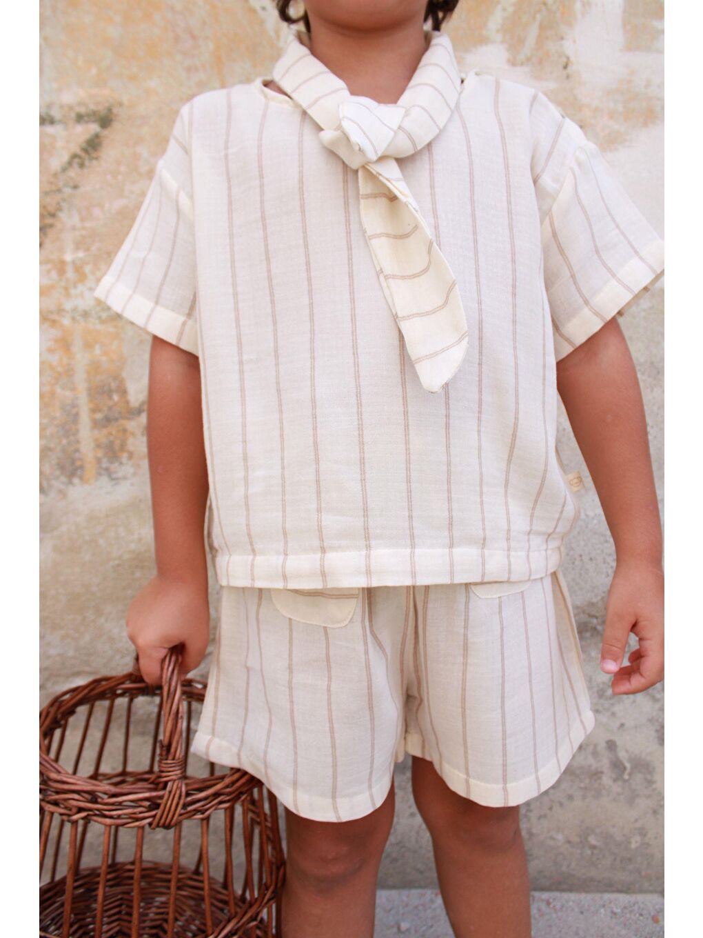 Bej Çizgili Yaka Bağlamalı Alt Üst Takım-1