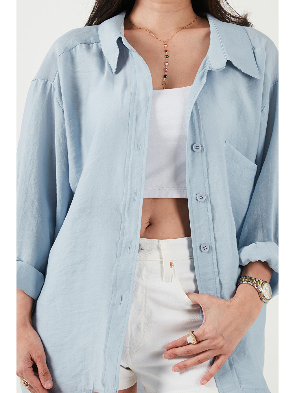 Mavi Modal Oversize Fit Uzun Kollu Kadın Gömlek 6834612-5