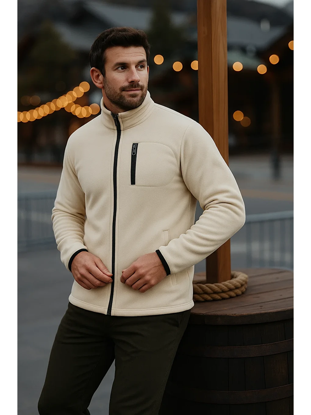 Ekru Erkek Fermuarlı Kalın Kışlık Trend Krem Polar Ceket