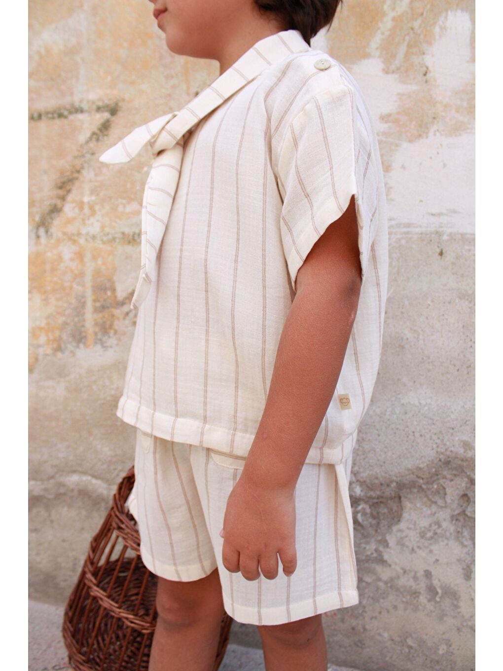 Bej Çizgili Yaka Bağlamalı Alt Üst Takım-3