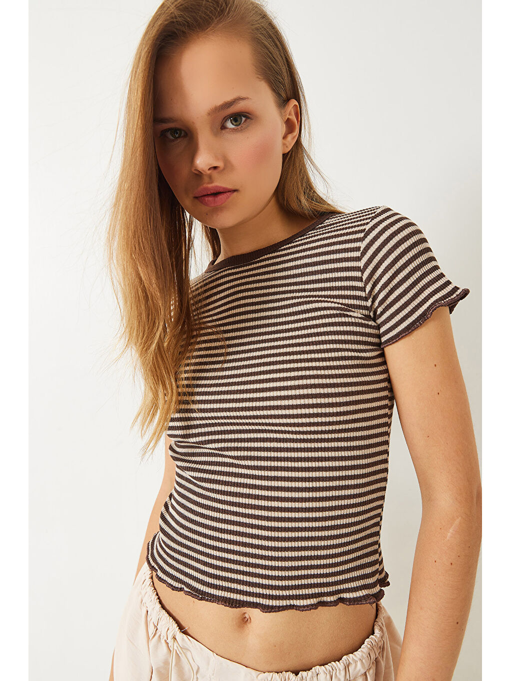 Bej Kadın Çizgili Fitilli Kaşkorse Basic T-Shirt-2