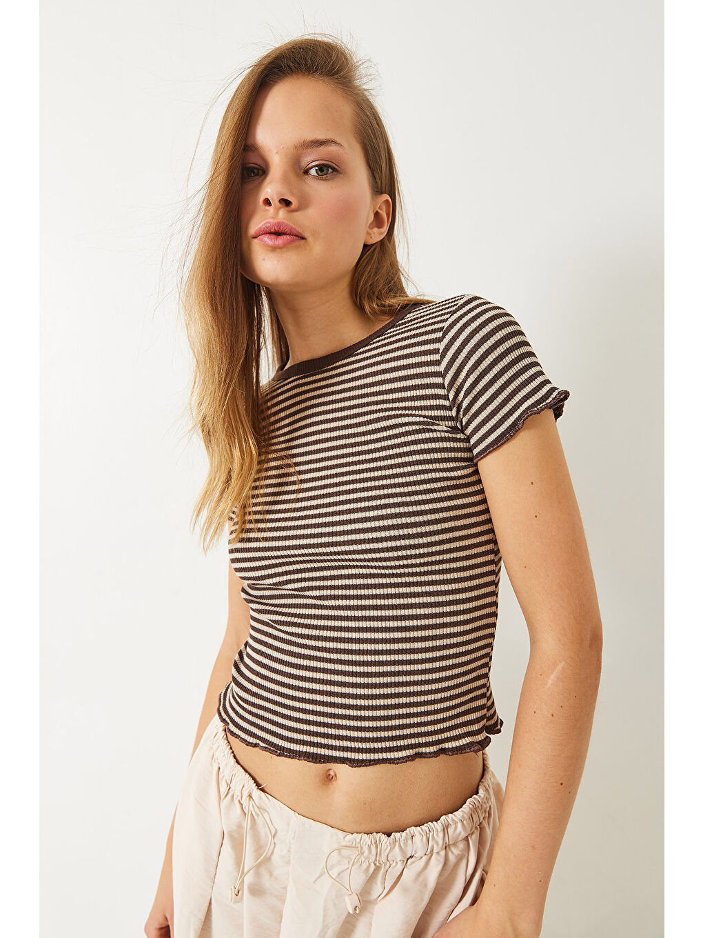 Bej Kadın Çizgili Fitilli Kaşkorse Basic T-Shirt-3