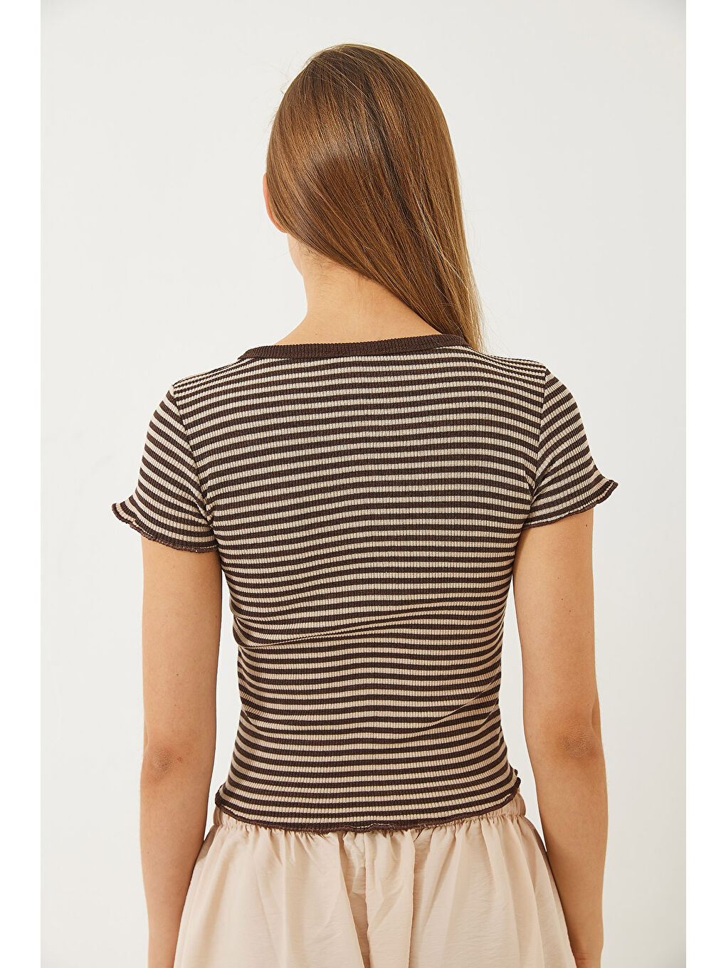 Bej Kadın Çizgili Fitilli Kaşkorse Basic T-Shirt-5