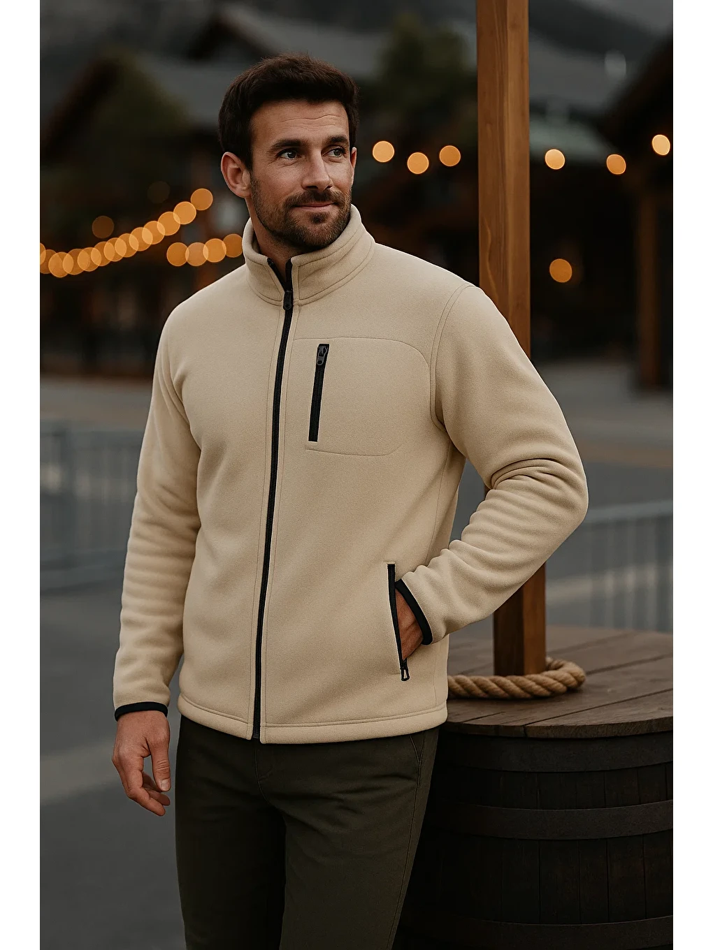Ekru Erkek Fermuarlı Kalın Kışlık Trend Krem Polar Ceket-1