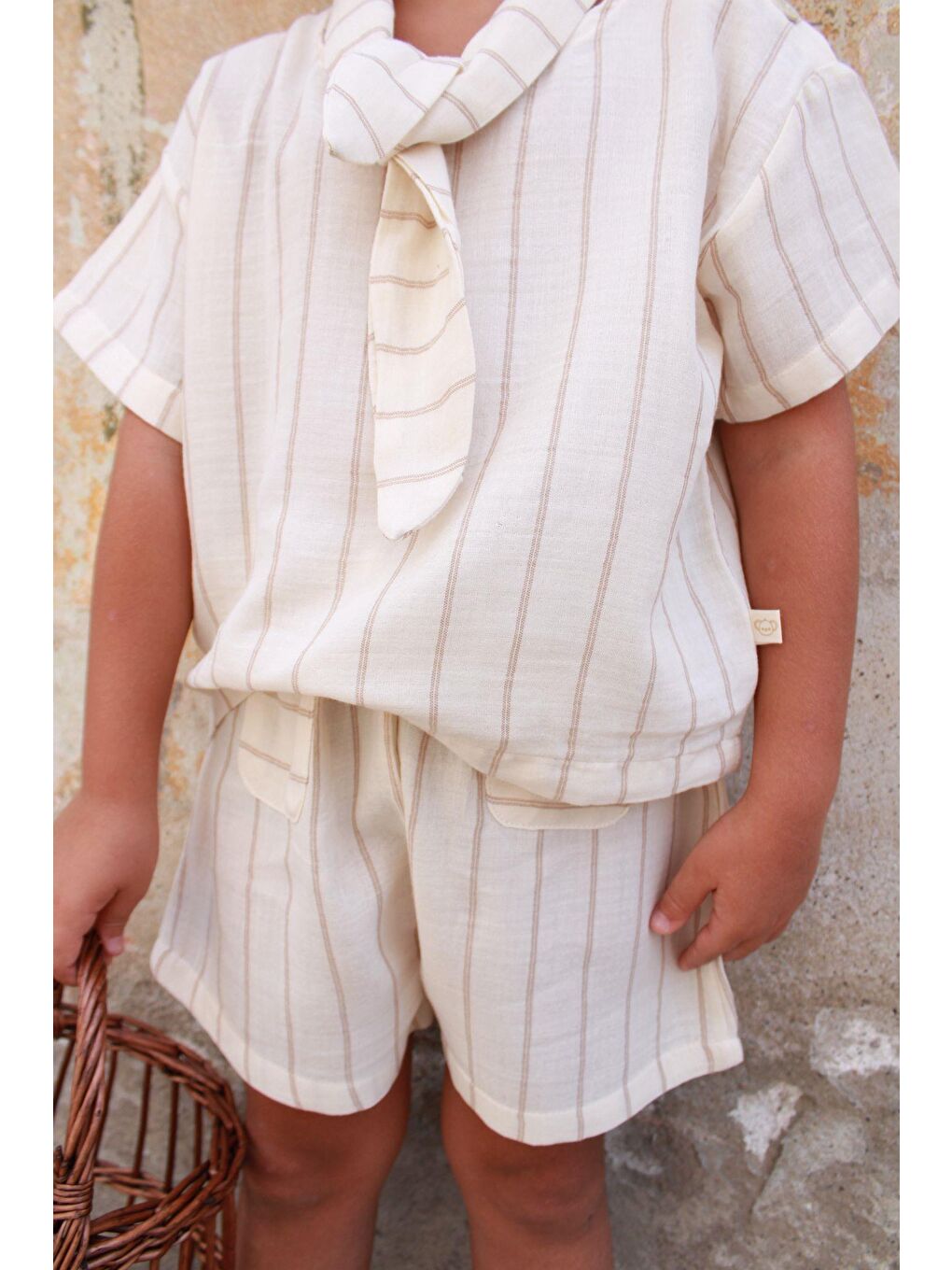 Bej Çizgili Yaka Bağlamalı Alt Üst Takım-4
