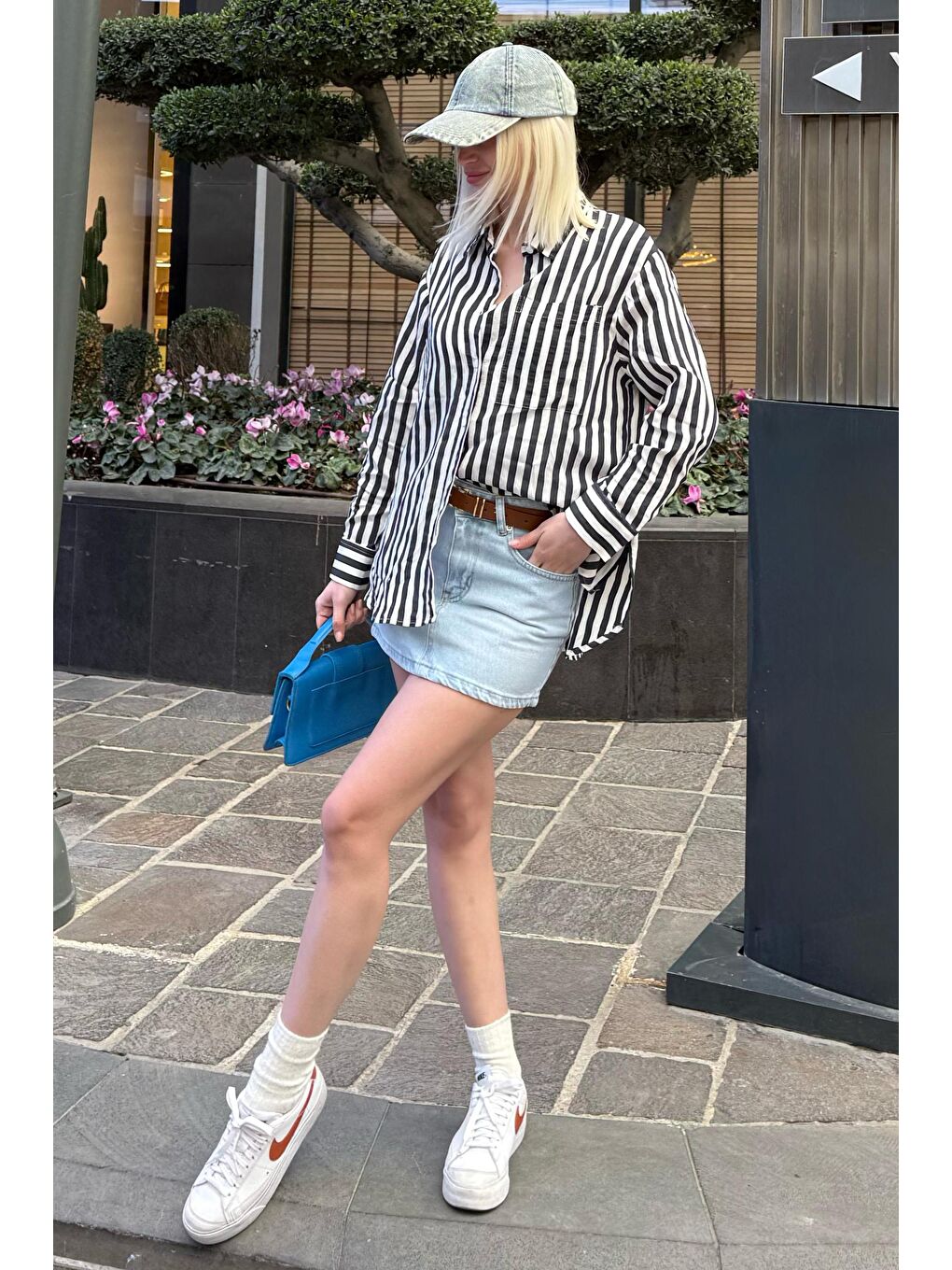 Lacivert Cep Detaylı Çizgili Kadın Gömlek Mg2295-2