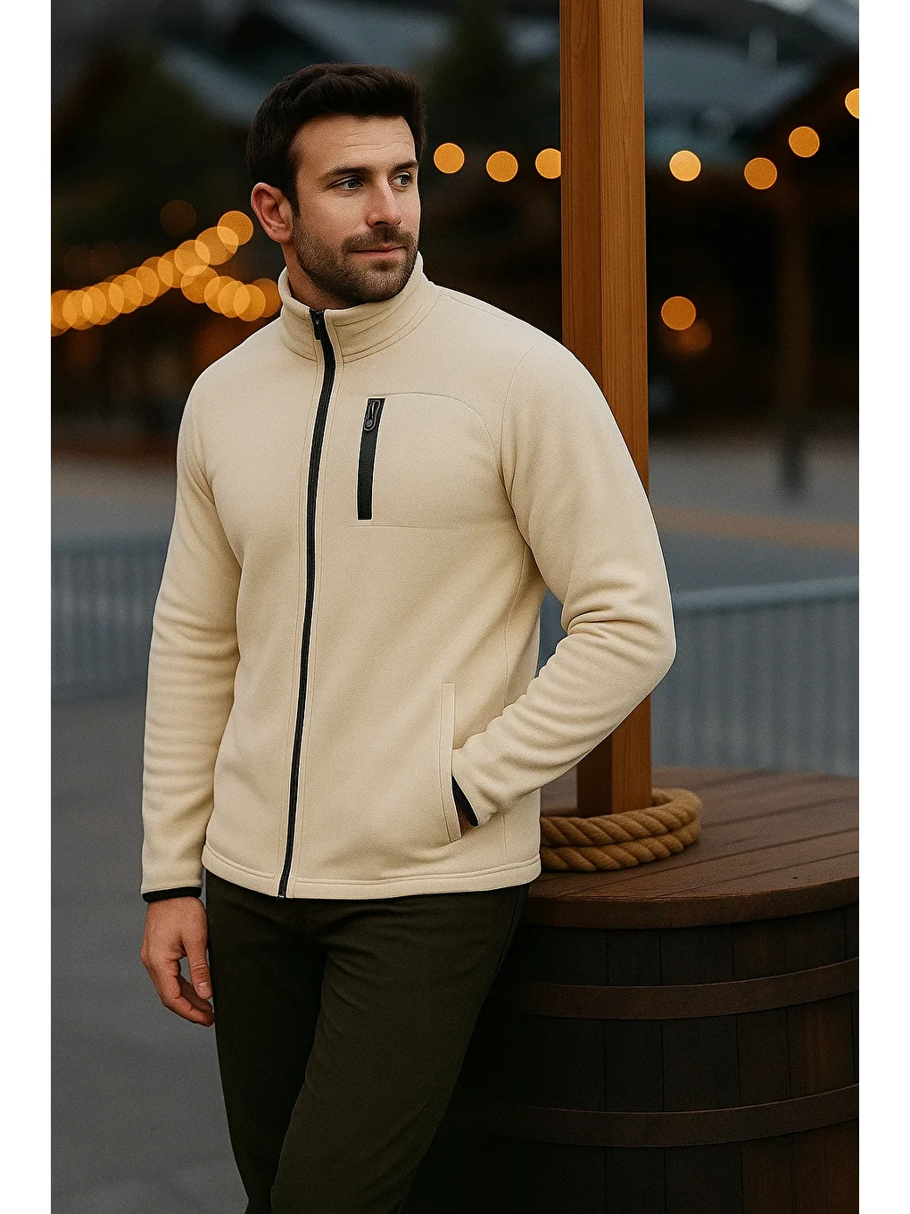 Ekru Erkek Fermuarlı Kalın Kışlık Trend Krem Polar Ceket-2