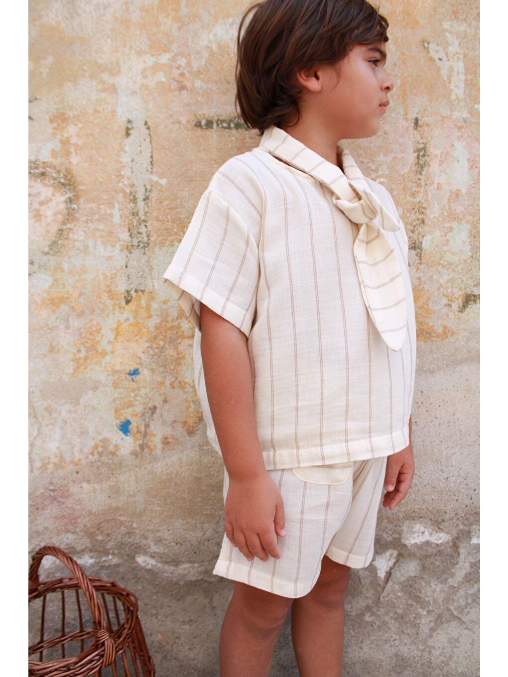 Bej Çizgili Yaka Bağlamalı Alt Üst Takım-5