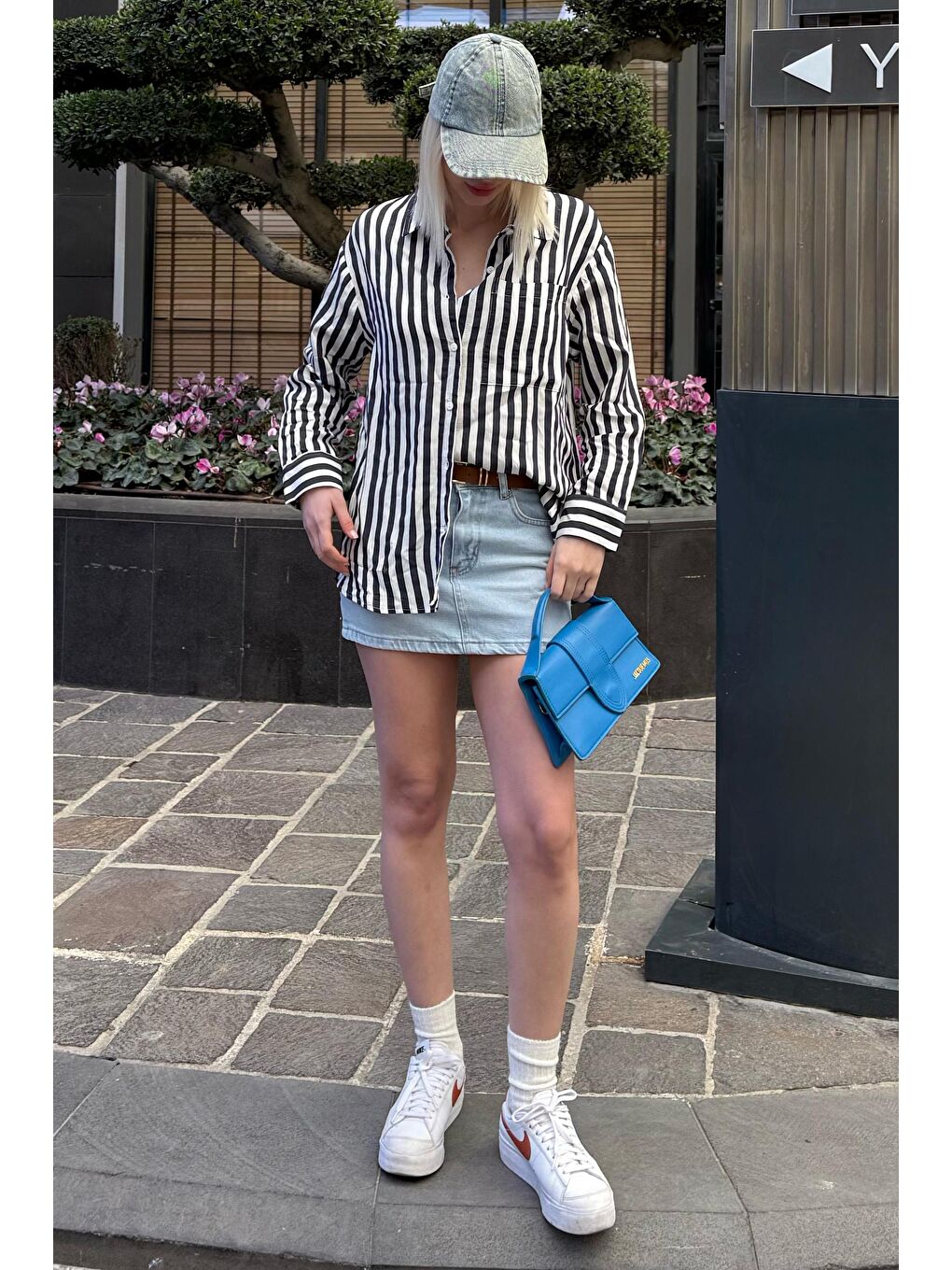 Lacivert Cep Detaylı Çizgili Kadın Gömlek Mg2295