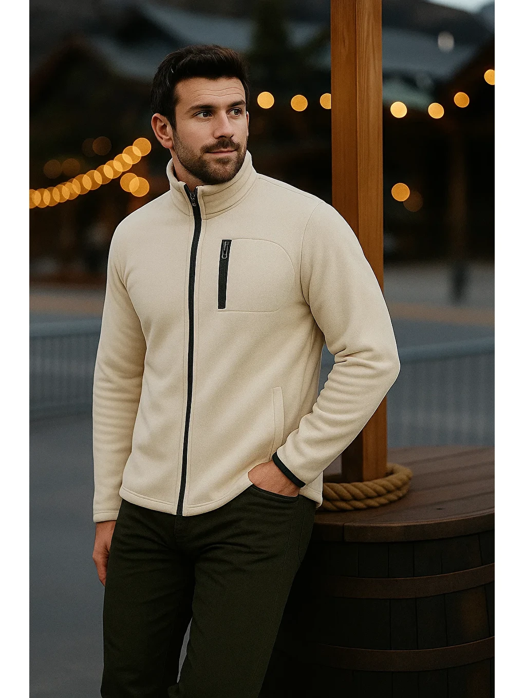 Ekru Erkek Fermuarlı Kalın Kışlık Trend Krem Polar Ceket-3