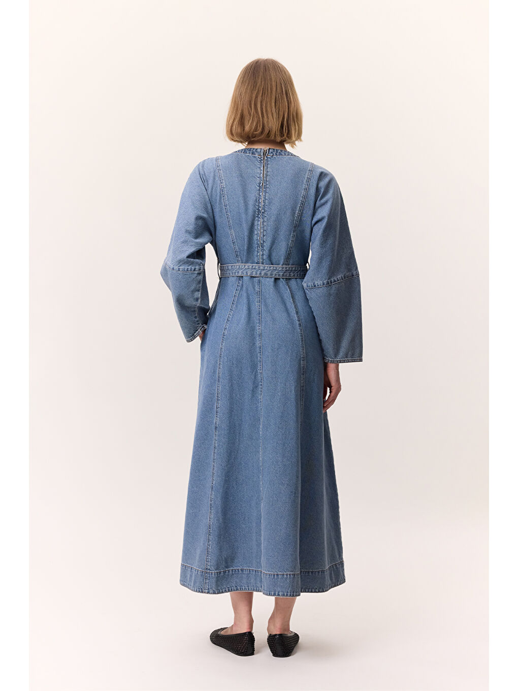 Geniş Kol Kemerli Denım Elbise Mavi-6