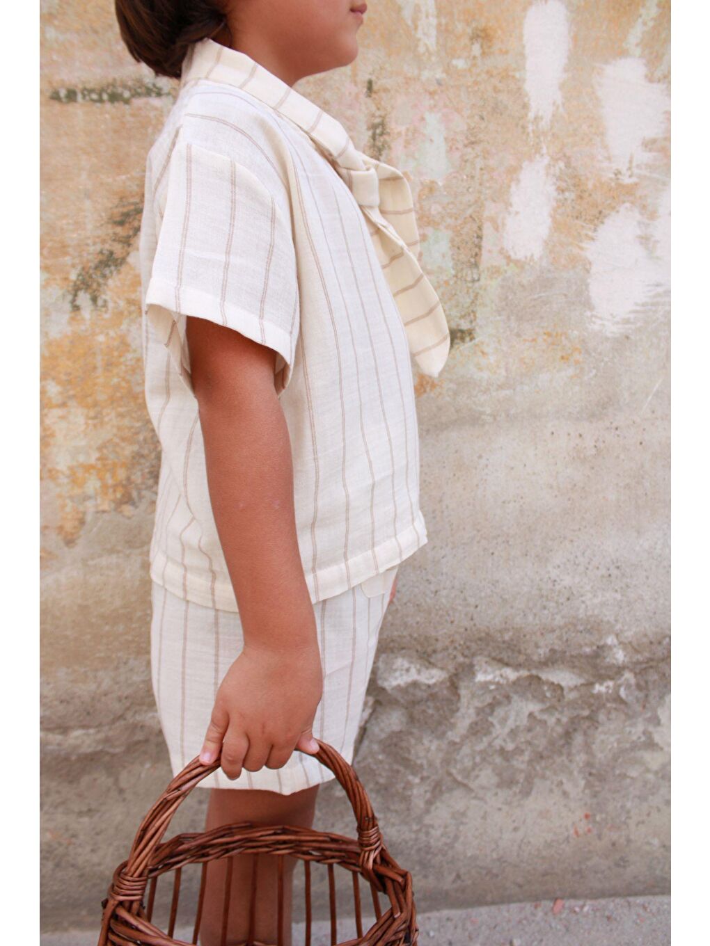 Bej Çizgili Yaka Bağlamalı Alt Üst Takım-6