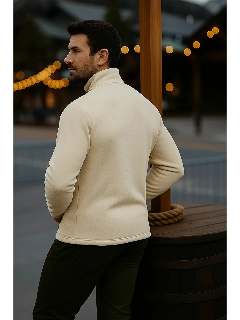 Ekru Erkek Fermuarlı Kalın Kışlık Trend Krem Polar Ceket-4