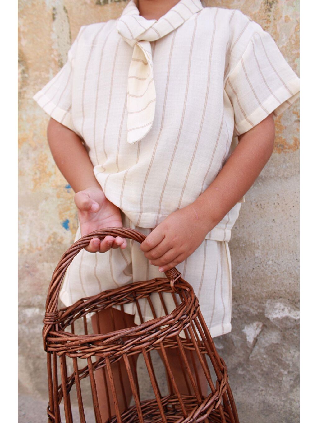 Bej Çizgili Yaka Bağlamalı Alt Üst Takım-7