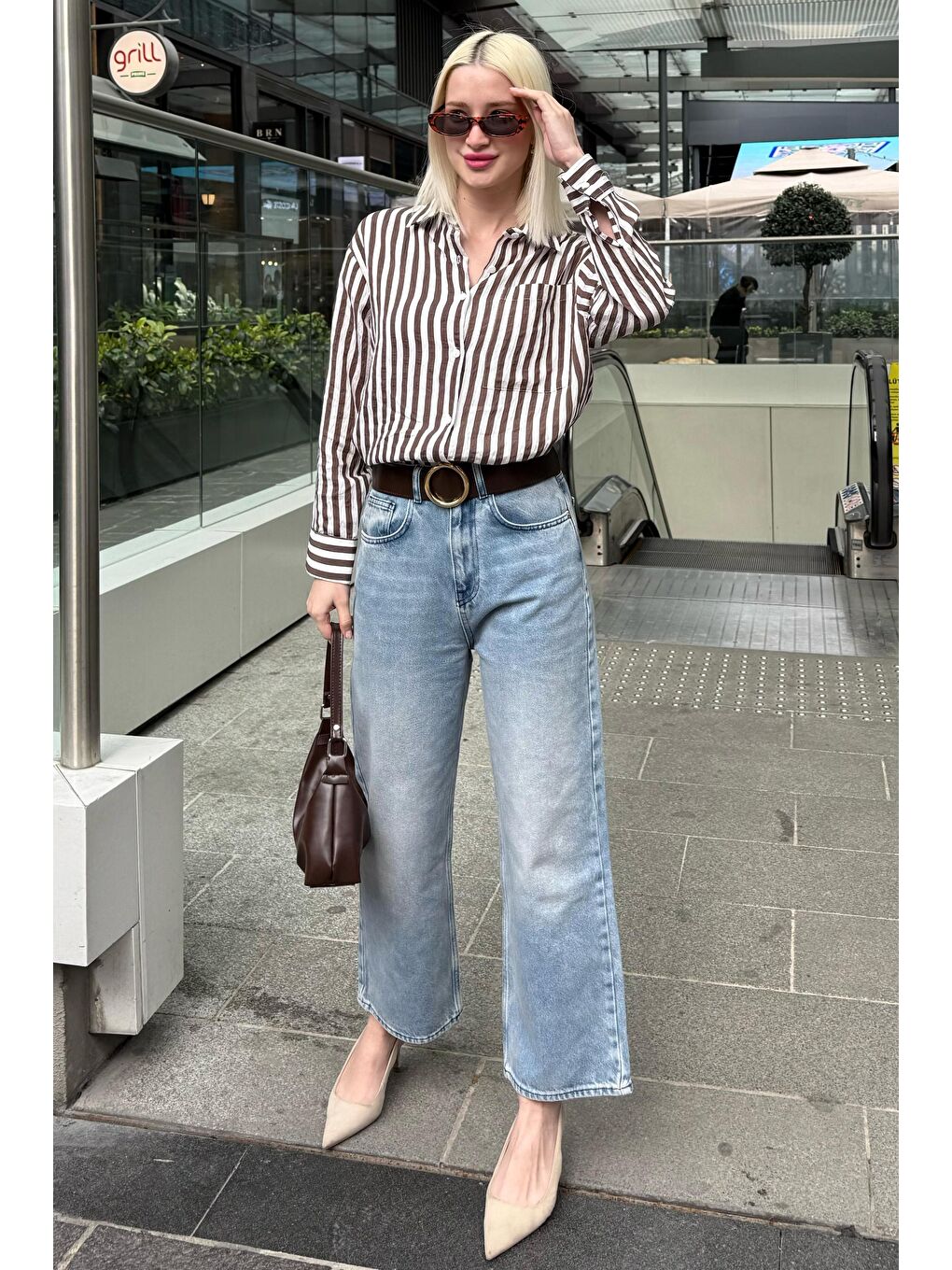 Kahverengi Cep Detaylı Çizgili Kadın Gömlek Mg2295-2