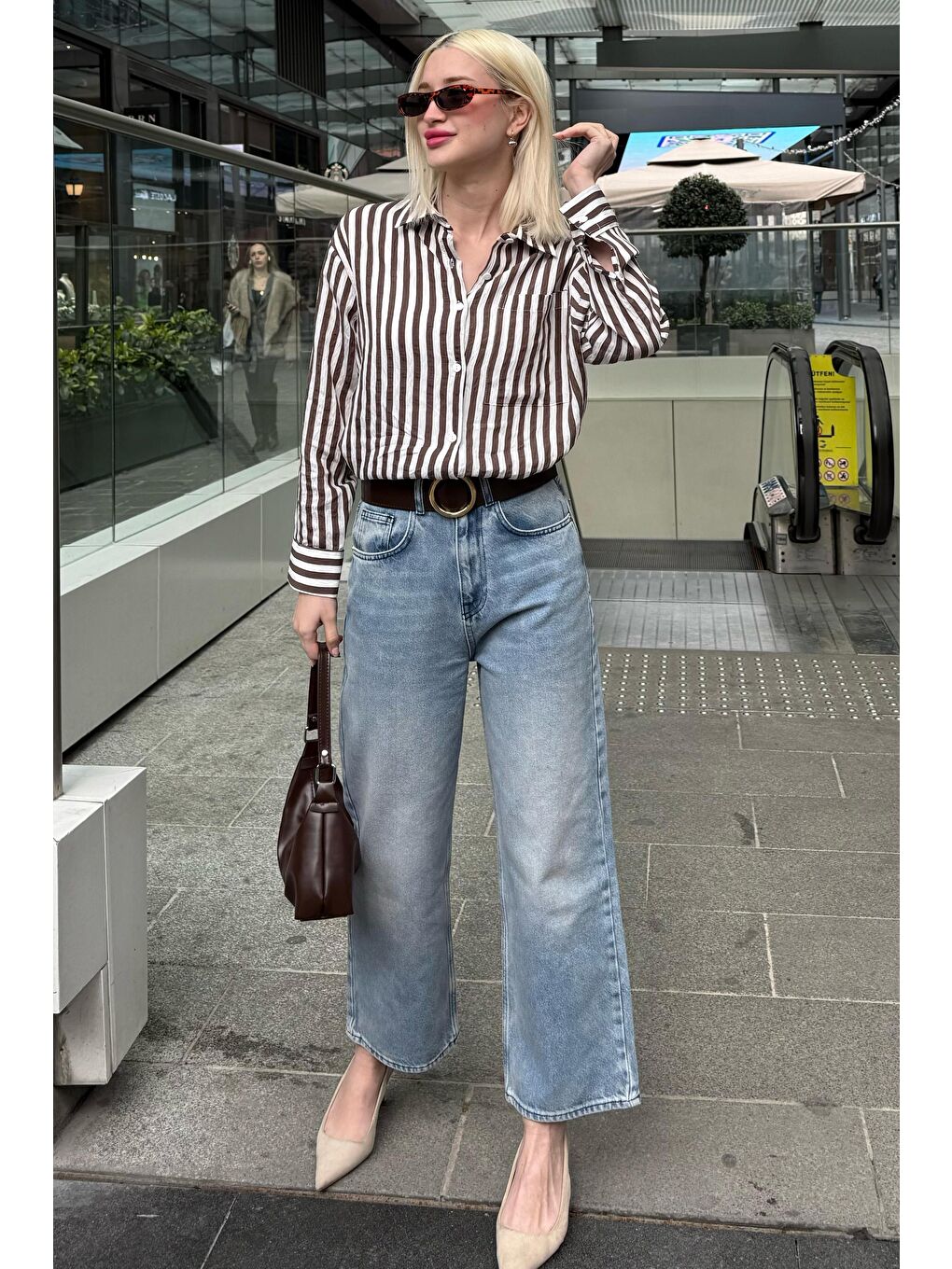 Kahverengi Cep Detaylı Çizgili Kadın Gömlek Mg2295-3