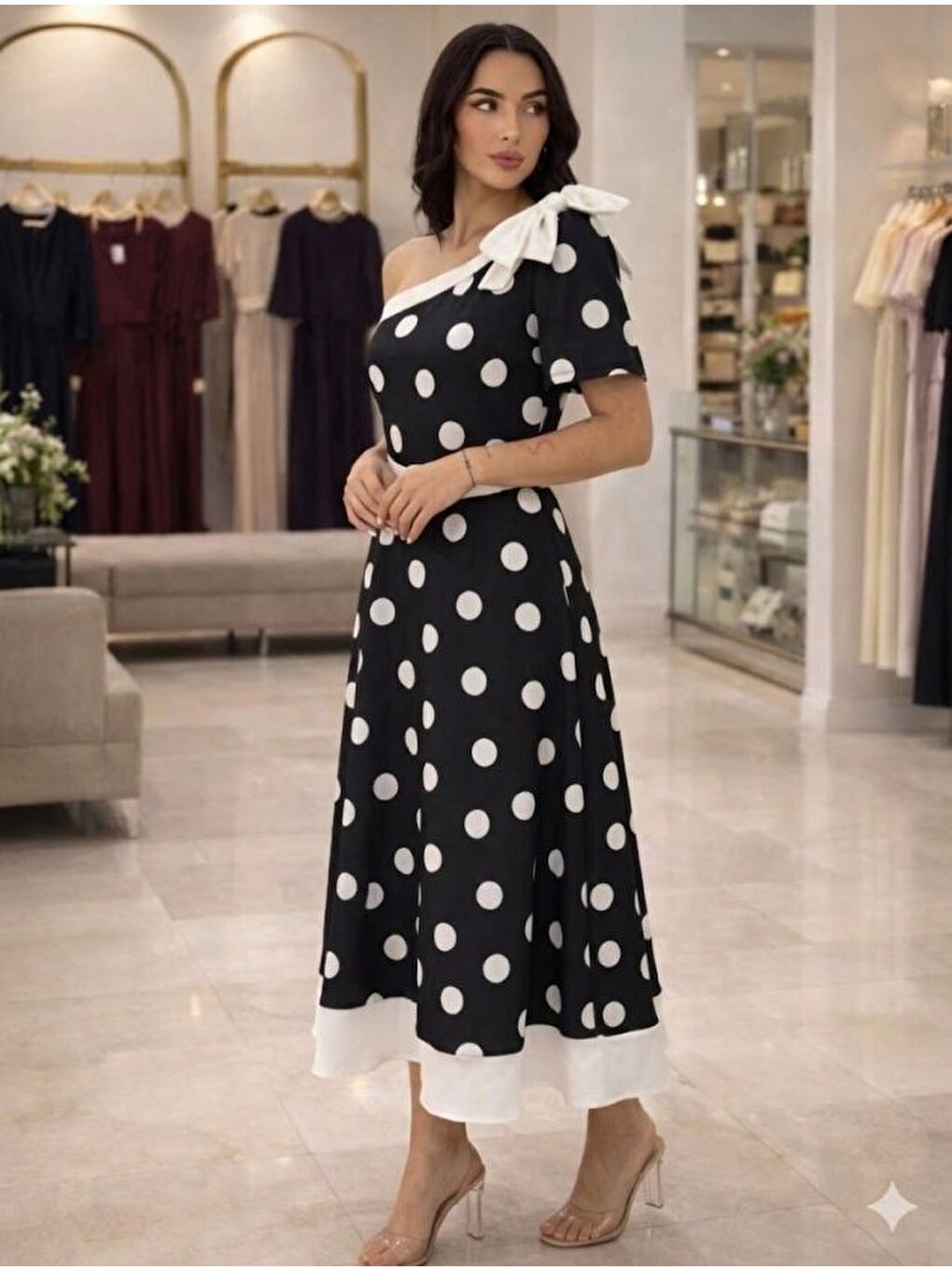 Siyah Kadın Omuz Dekolteli Fiyonk Ve Puantiye Detay Maxi Boy Elbise-1