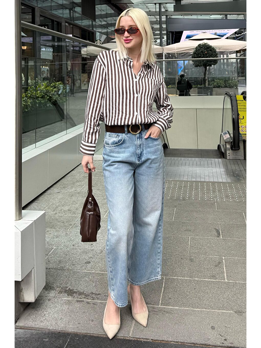 Kahverengi Cep Detaylı Çizgili Kadın Gömlek Mg2295-4