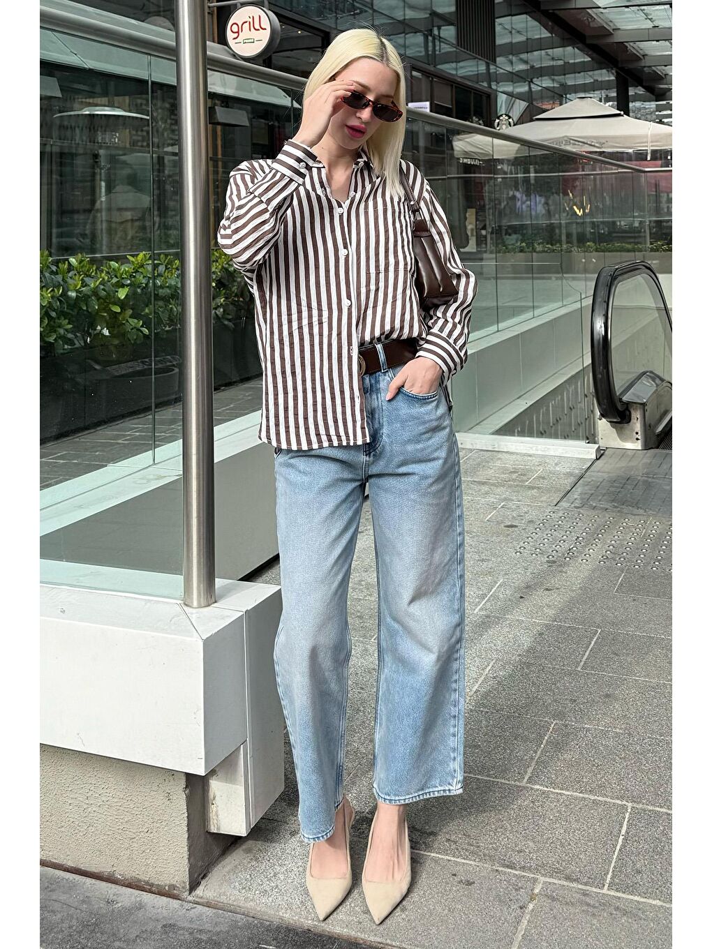 Kahverengi Cep Detaylı Çizgili Kadın Gömlek Mg2295-5