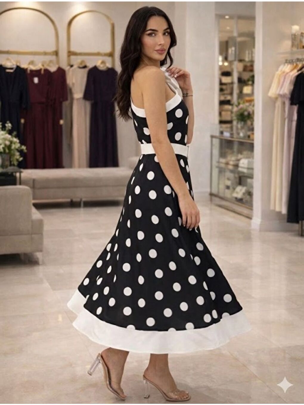 Siyah Kadın Omuz Dekolteli Fiyonk Ve Puantiye Detay Maxi Boy Elbise-2