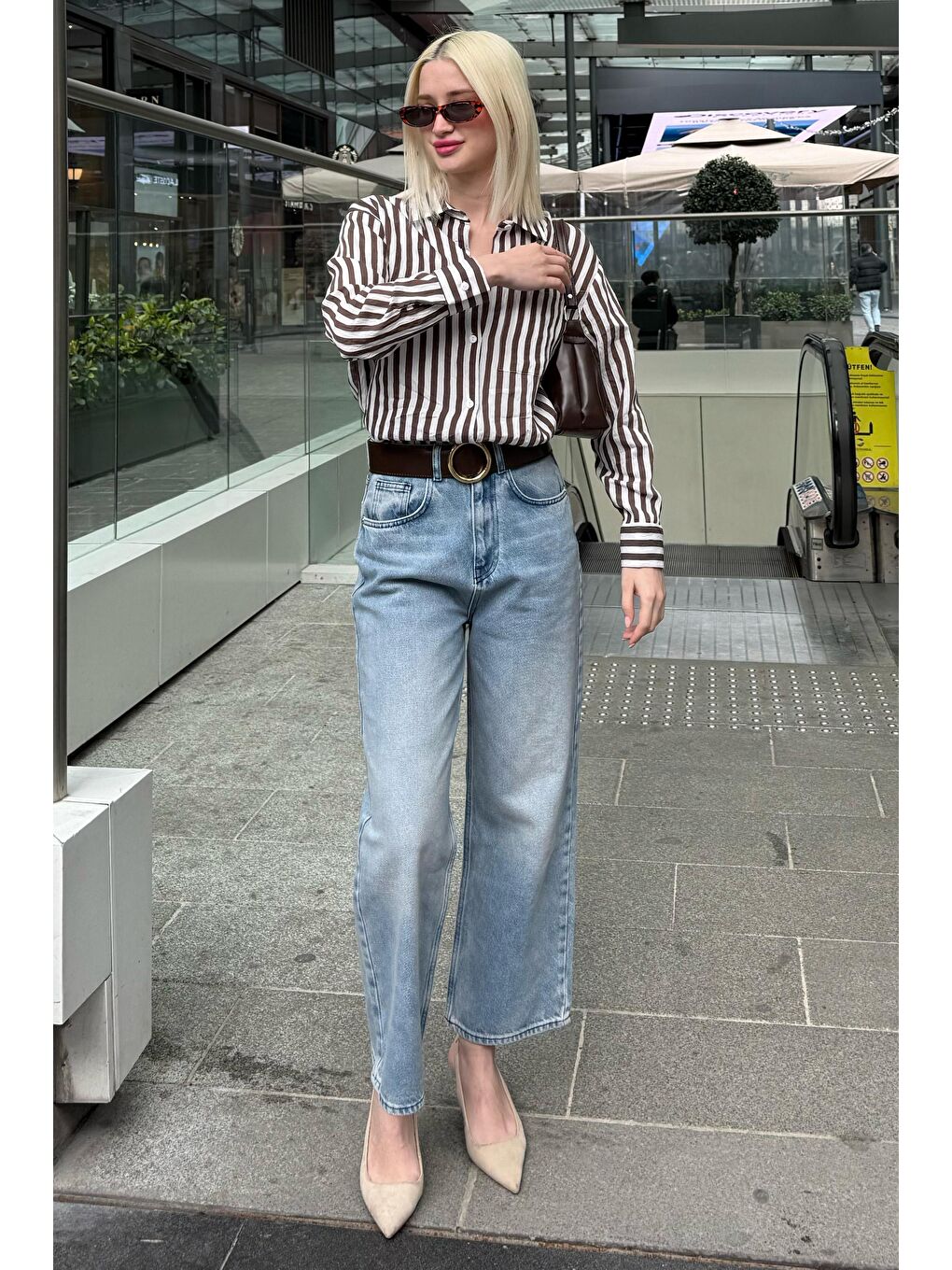 Kahverengi Cep Detaylı Çizgili Kadın Gömlek Mg2295-6