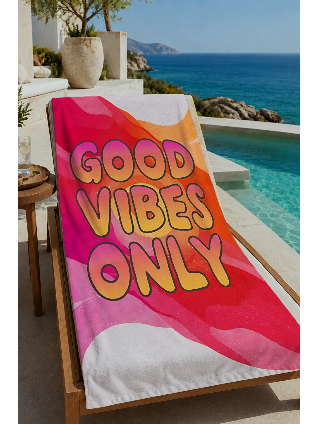 Mavi Renkli Soyut Good Vibes Yazılı Retro Desenli 70x150 Cm Dijital Baskılı Plaj Ve Banyo Havlusu