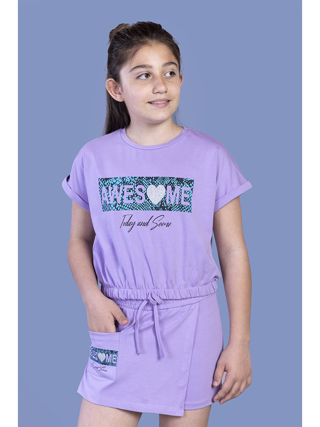 Lila Kız Çocuk Baskılı Şortlu Takım-2