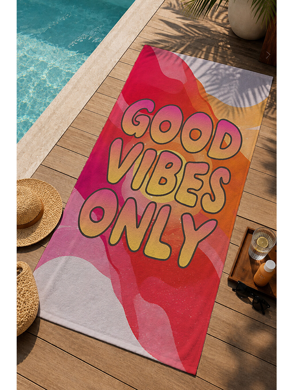 Mavi Renkli Soyut Good Vibes Yazılı Retro Desenli 70x150 Cm Dijital Baskılı Plaj Ve Banyo Havlusu-2