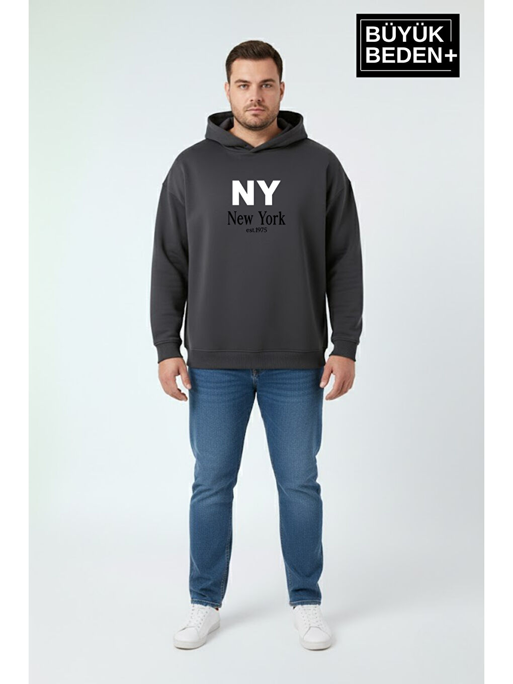 Gri Erkek Büyük Beden İnce Kapüşonlu NY Newyork Baskılı İnce Sweatshirt SPR26BSW957-15