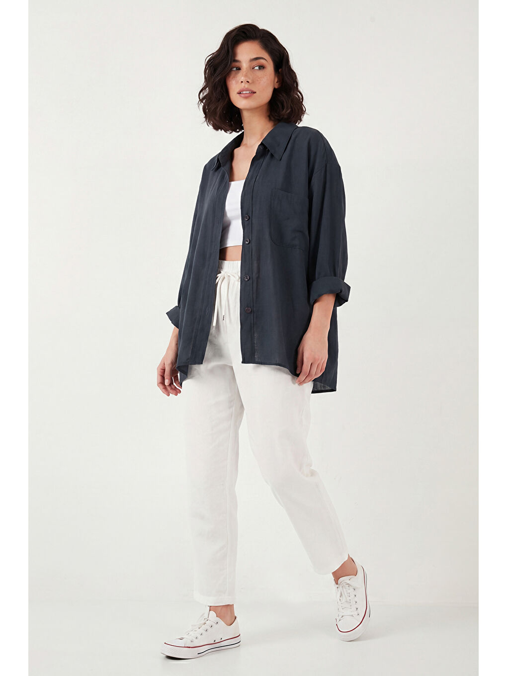 Lacivert Modal Oversize Fit Uzun Kollu Kadın Gömlek 6834612-1