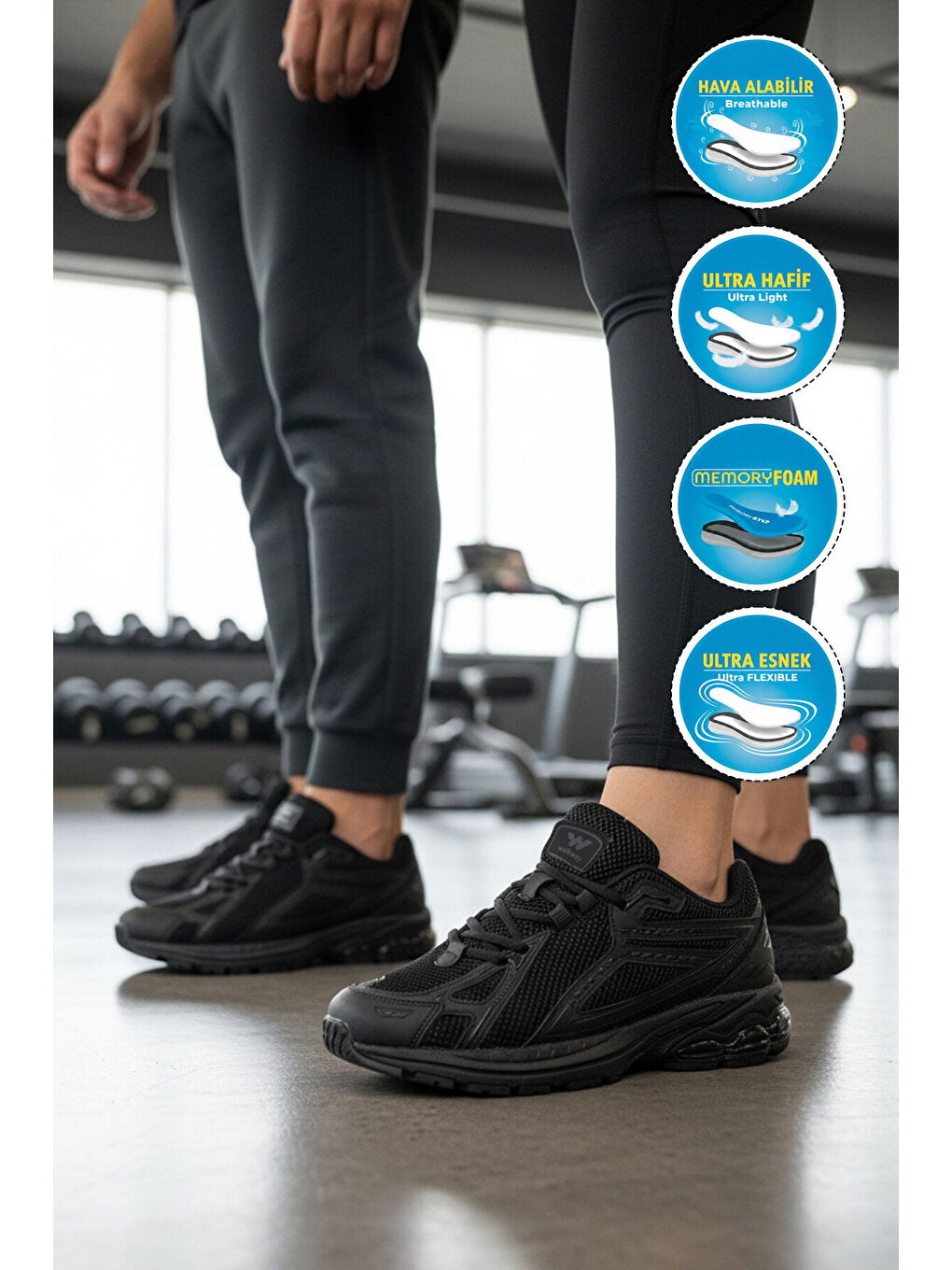 Siyah Fileli Hafif Esnek Hafızalı Taban Unisex Spor Ayakkabı Ruth G-2