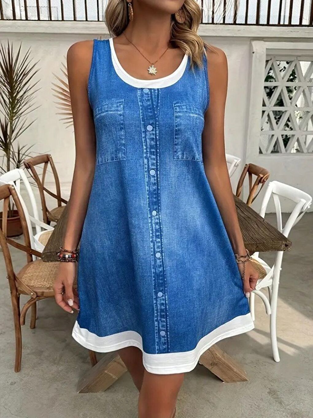 Mavi Kadın Askılı Yuvarlak Yakalı Jean Görünümlü Kısa Süprem Elbise-1
