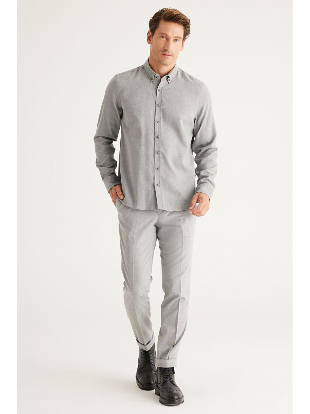 Erkek Gri Slim Fit Dar Kesim Desenli Beli Lastikli Pantolon