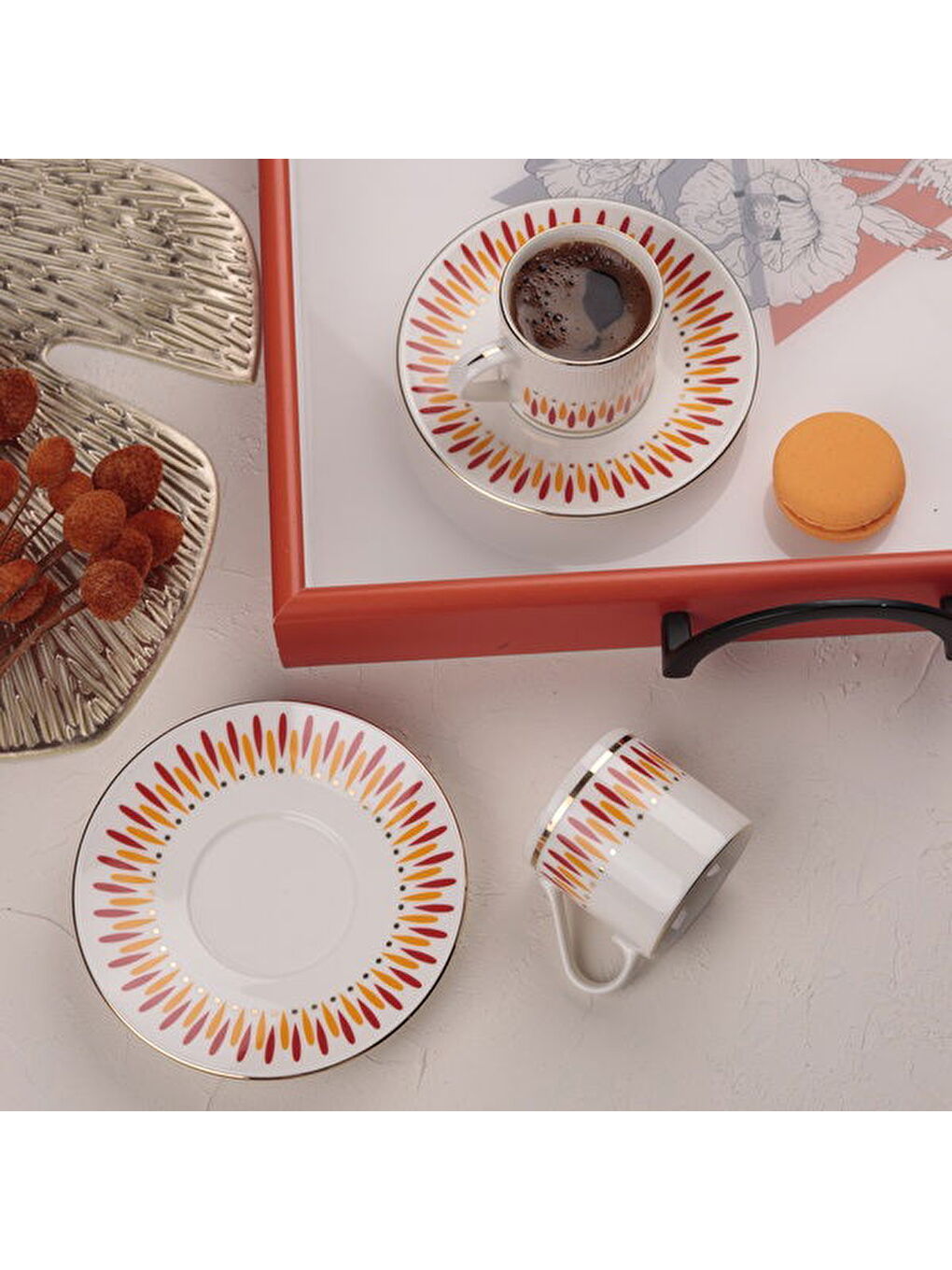 Turuncu Palm 4 Parça Kahve Fincan Takımı - Renkli-1