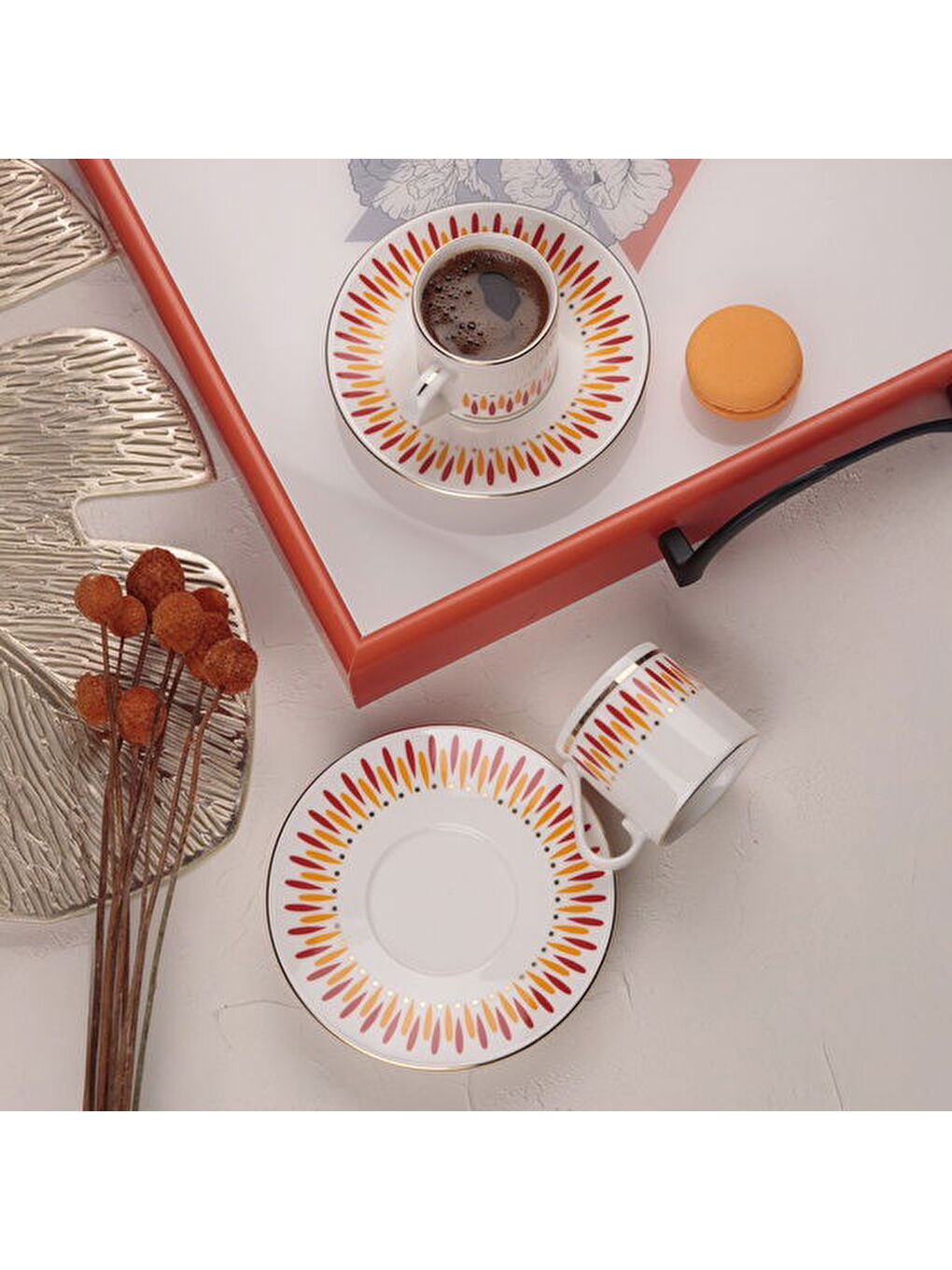 Turuncu Palm 4 Parça Kahve Fincan Takımı - Renkli-2