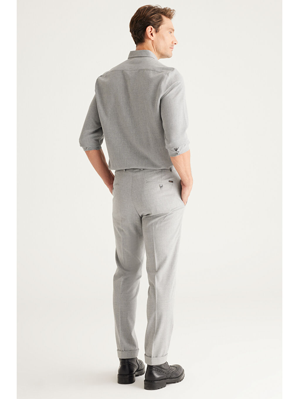 Erkek Gri Slim Fit Dar Kesim Desenli Beli Lastikli Pantolon-1