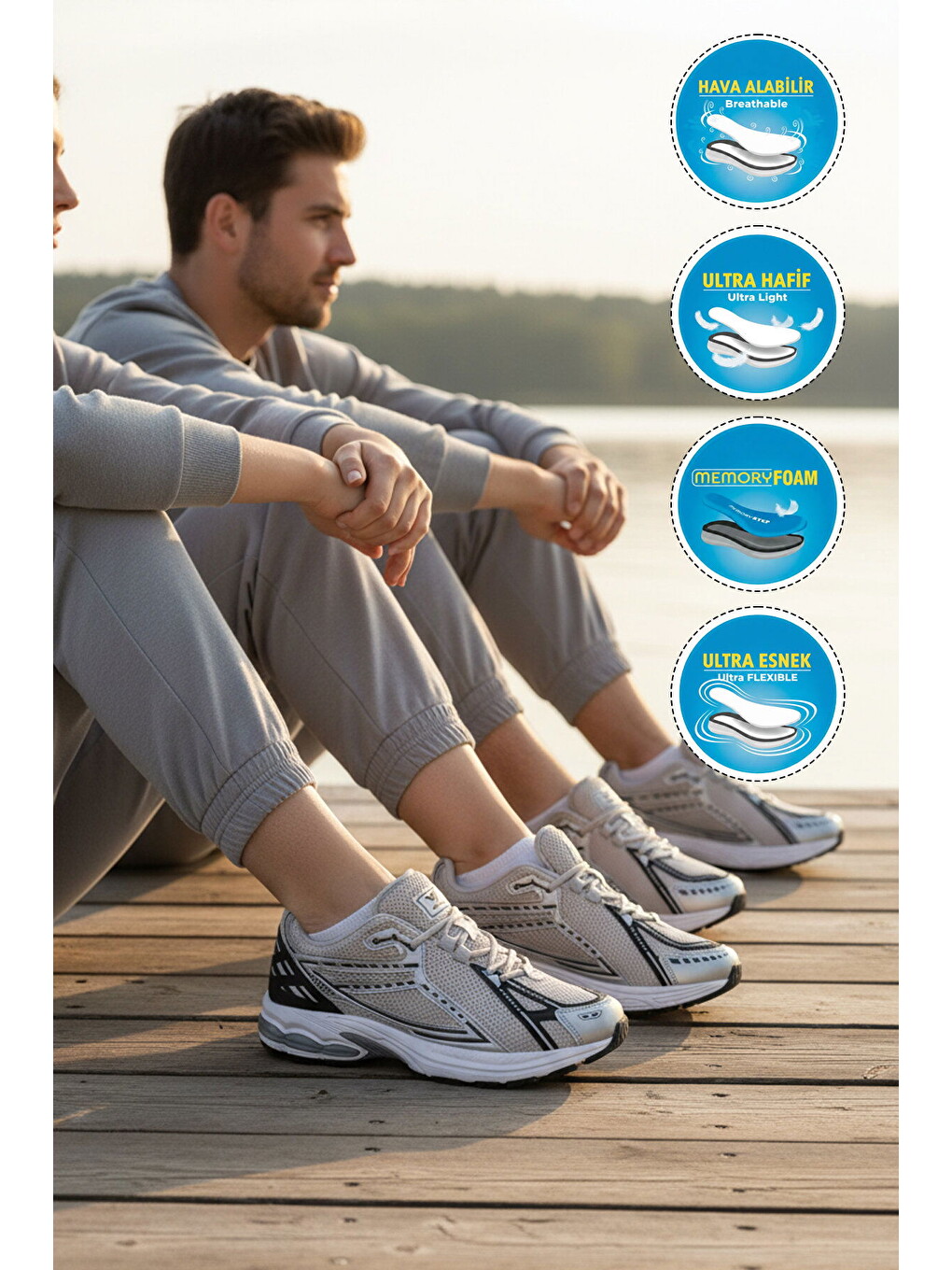 Mavi Buz Gri Fileli Hafif Esnek Hafızalı Taban Unisex Spor Ayakkabı Ruth G-2