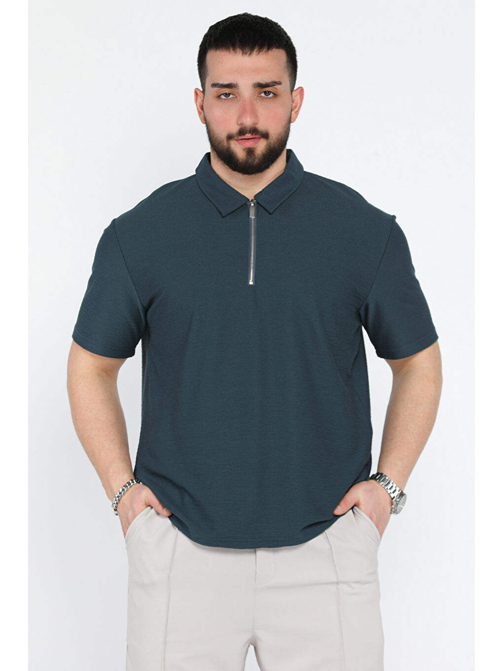 Petrol Erkek Polo Yaka Yarım Fermuarlı Tişört