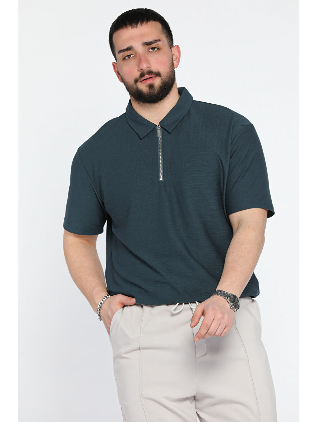 Petrol Erkek Polo Yaka Yarım Fermuarlı Tişört-1