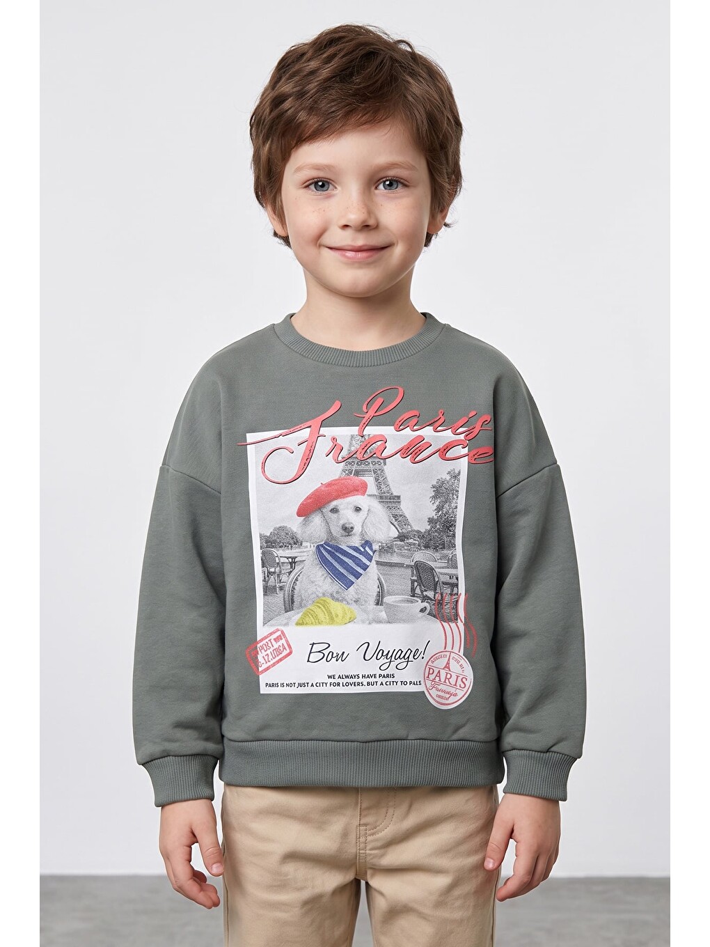 Haki Köpek Baskılı Oversize Erkek Çocuk Sweatshirt-1